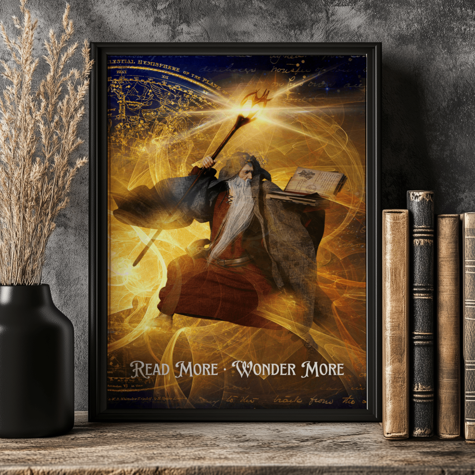 Read More, Wonder More Fantasy Wall Art Poster – Bookish Wizard Art Print for Readers, Libraries, and Reading Nooks