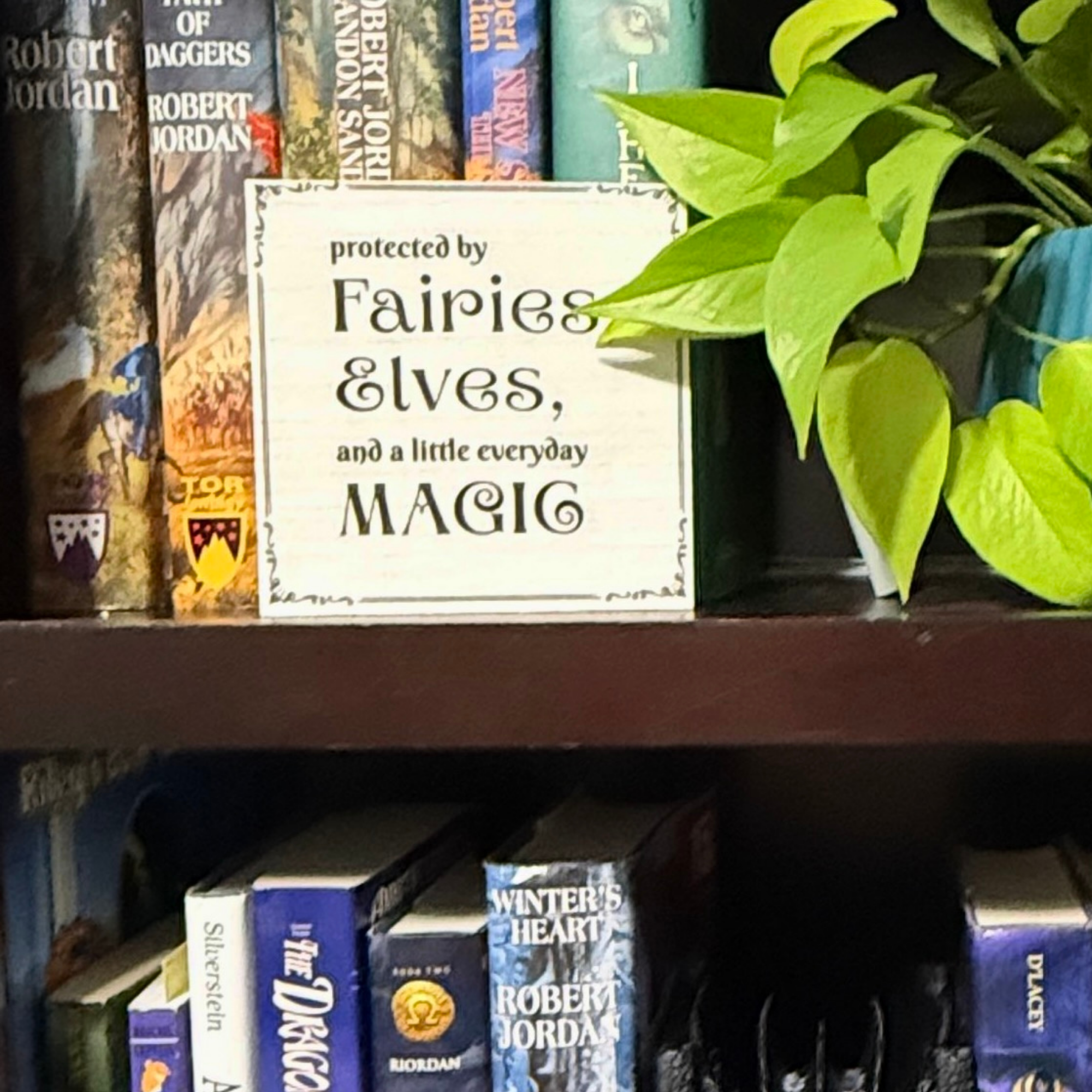 Close up of wooden protected by fairies elves and everyday magic sign displayed between books