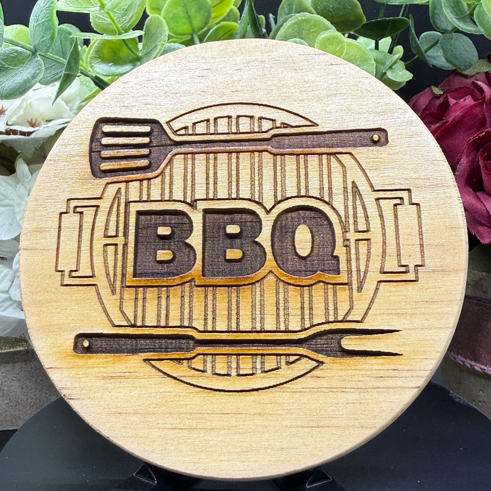 BBQ Wood Coaster – Laser Engraved Grill Design, Rustic Kitchen Decor Gift for Grill Masters
