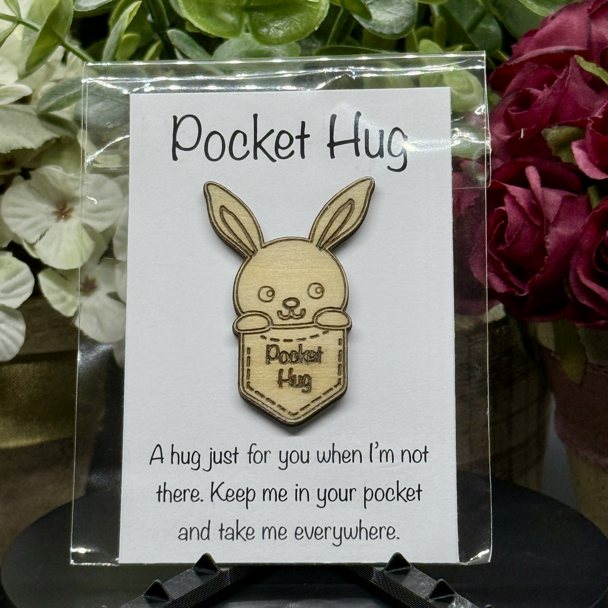 Rabbit Pocket Hug token on printed card – long ears and engraved smile