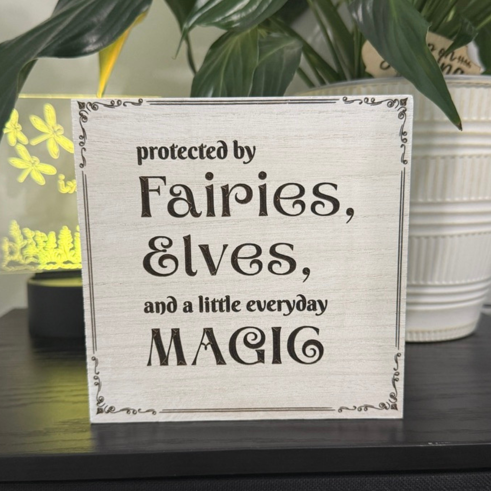 Protected by Fairies Elves and Magic Shelf Sitter – 6x6 Handcrafted Fantasy Wood Decor