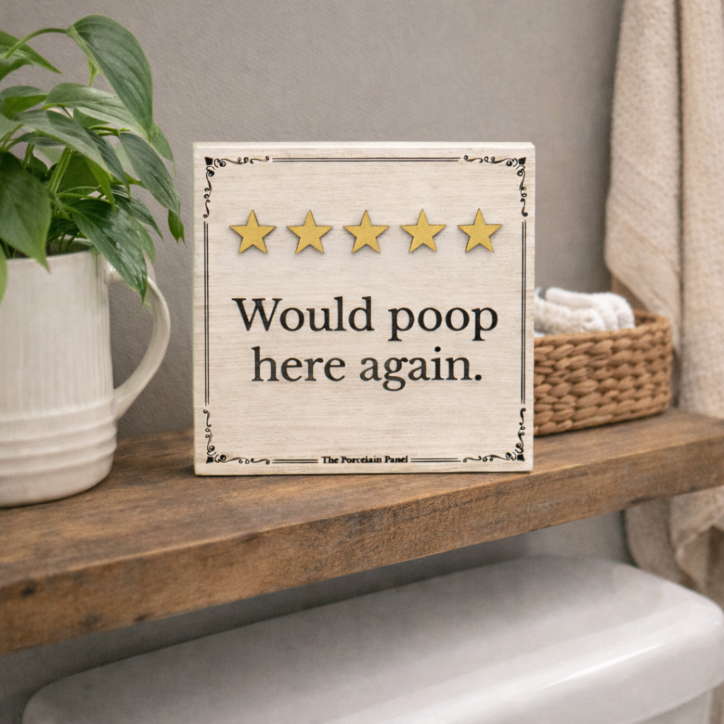 Wooden bathroom sign reading would poop here again with five gold stars displayed on a rustic farmhouse bathroom shelf