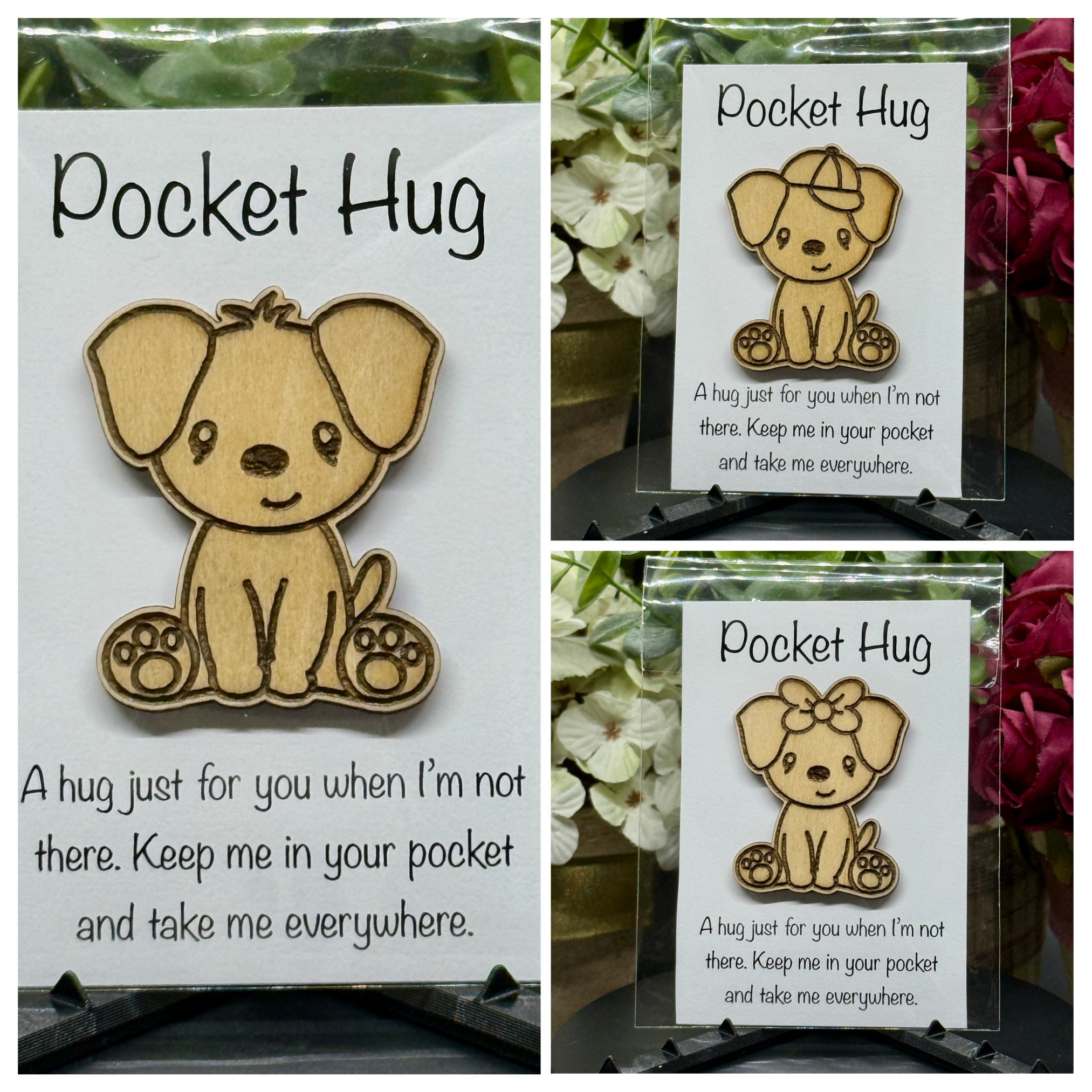Collage of three Pup Pocket Hug tokens on printed cards with floral background – Classic Pup, Cap Pup, and Bow Pup designs in laser-cut wood