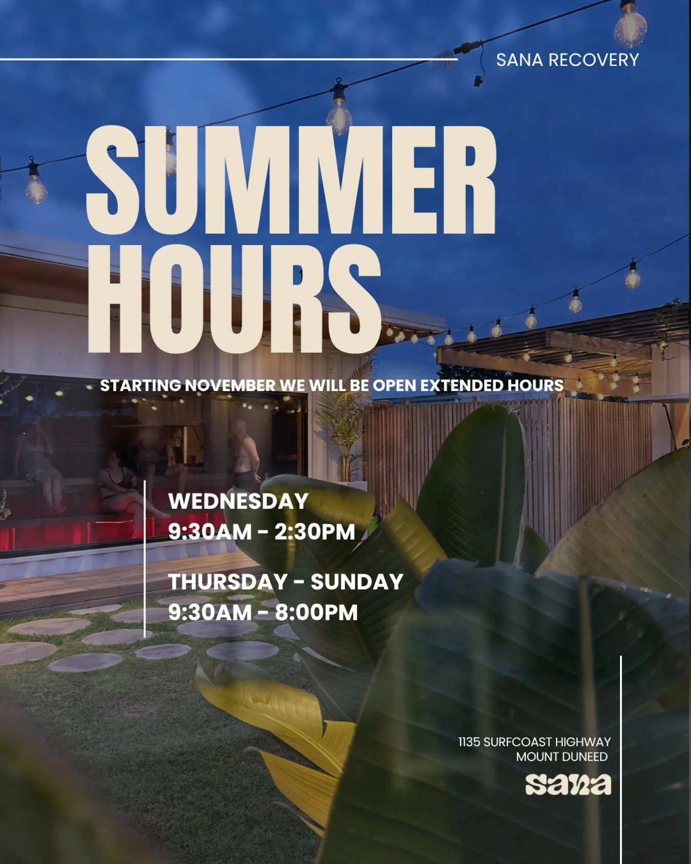 Summer is coming! 🌊😍🌞 

Our updated hours start tomorrow!

Now open Wednesday- Sunday

Twilight saunas Thursdays, Fridays, Saturdays, + Sundays. 

@sana_recovery 

#selfcare #saunatime #hotandcold #recovery #mtduneed #armstrongcreek
#womenonly #su