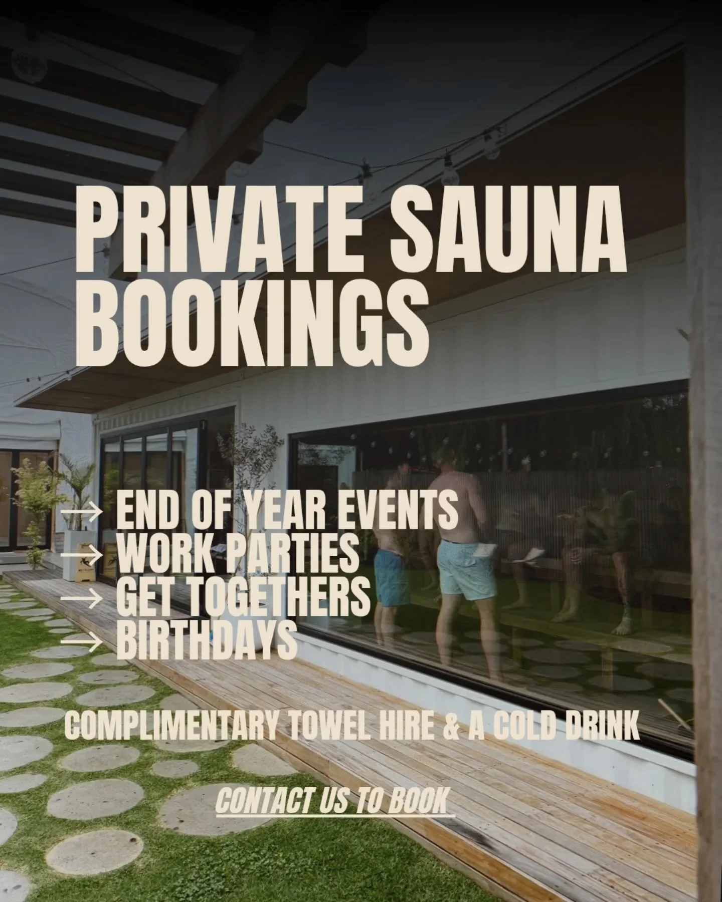 Looking for something a little different for your next get-together?

Skip the usual pubs and restaurants.
Bring your people into a space that feels grounding, warm, and intentional.

Our private sauna hire gives you a ritual of heat, connection, and