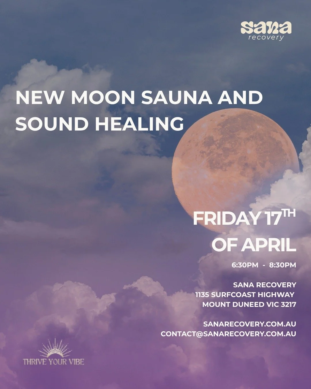 Celebrate the New Moon at Sana Recovery on Friday the 17th of April

Enjoy a sauna and cold plunge experience followed by a calming breath and sound bowl session from @thrive.your.vibe finish off with a delicious @wearesacred hot cacao.

To book your