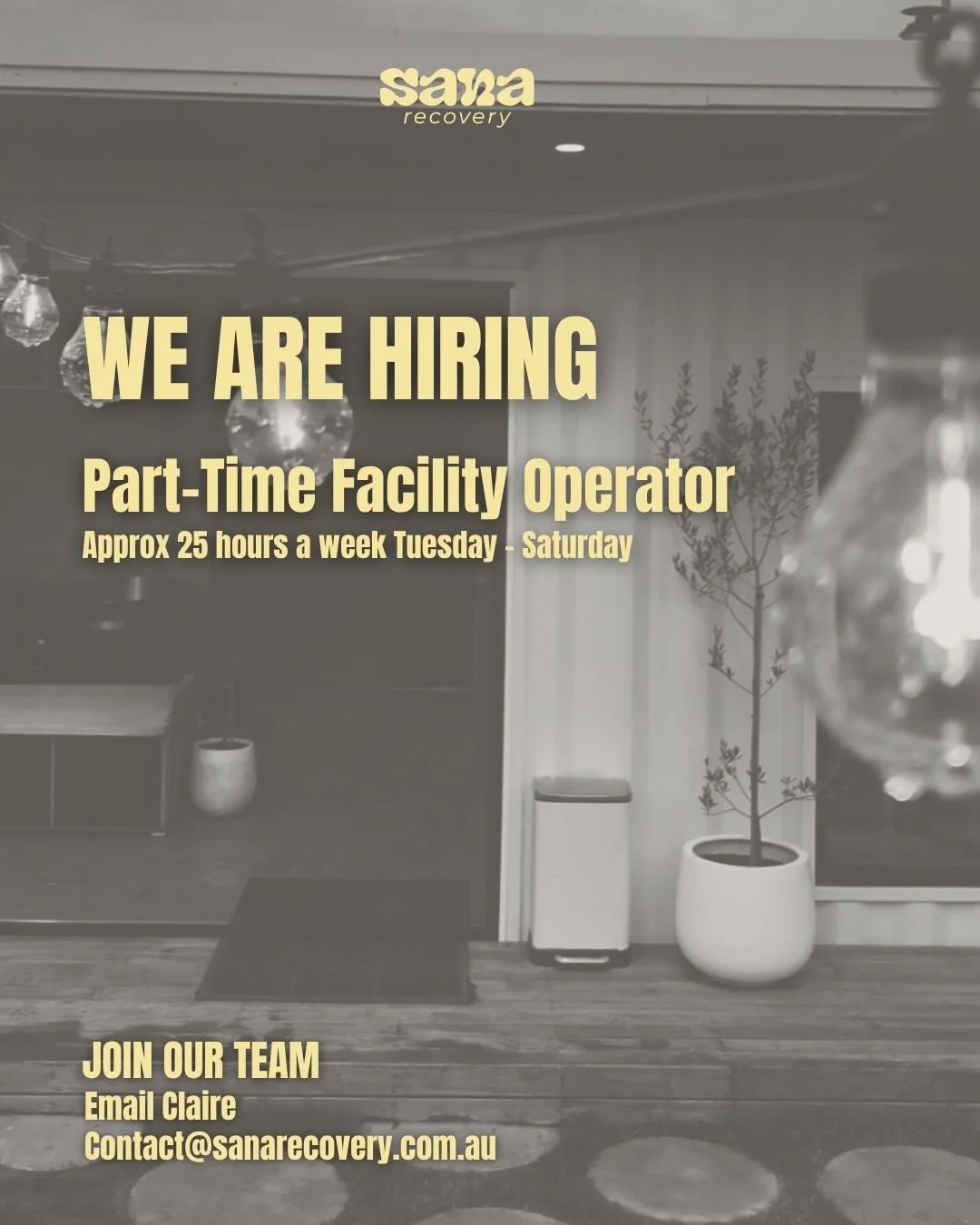 Sana Recovery is growing, so we're hiring.

We're looking for someone to join our team Tuesday&ndash;Saturday evenings.

This is more than a customer service role. 
We're after someone hands-on, reliable, comfortable working independently, and passio