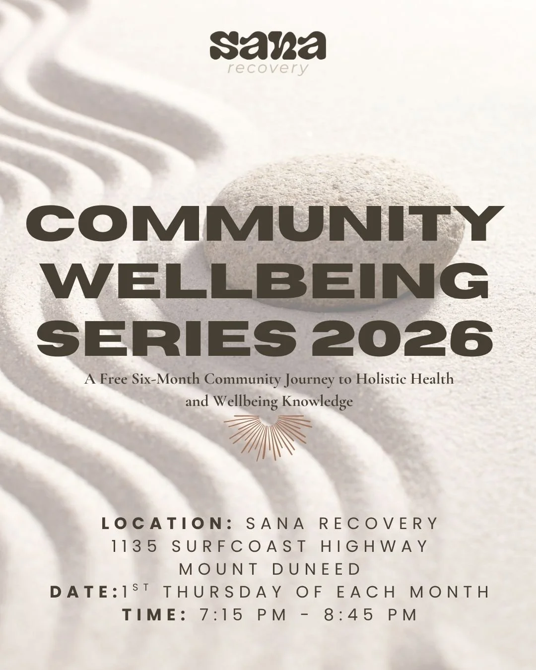 Something exciting is coming to our community.

Starting in July, join us on the first Thursday of every month for our Community Wellbeing Series.
A free six-month journey exploring holistic health, wellbeing, and practical tools to support a more ba