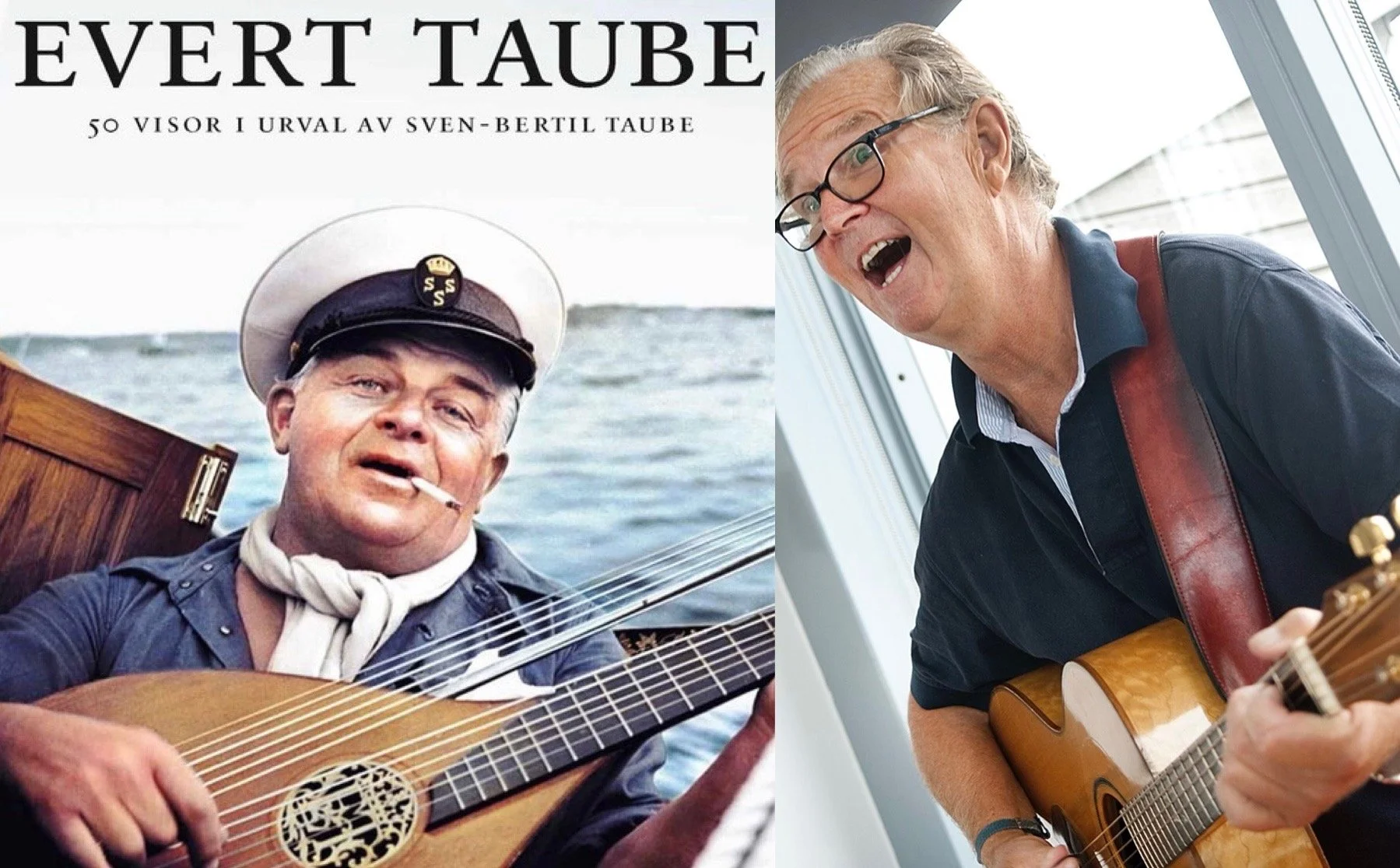 Collage of Evert Taube album cover and a man playing guitar. LiveFlotten Malmö. Malmö City. Summer in Malmö. Flotten Malmö. Malmösommar. Vår i Malmö Spring Malmö