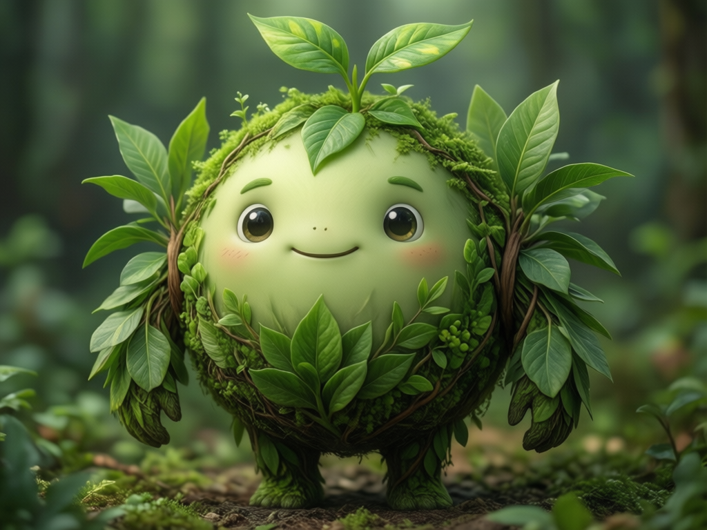 A cute, animated earth character with a smiling face, surrounded by lush green leaves and moss, representing nature and environmental themes.