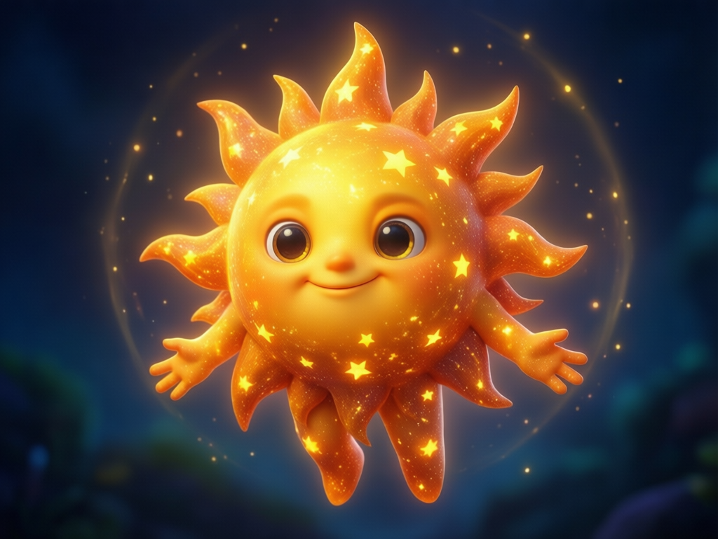A cartoon character resembling the sun with a smiling face, large eyes, and glowing yellow skin decorated with star-shaped spots, floating in a dark sky with small glowing particles around.