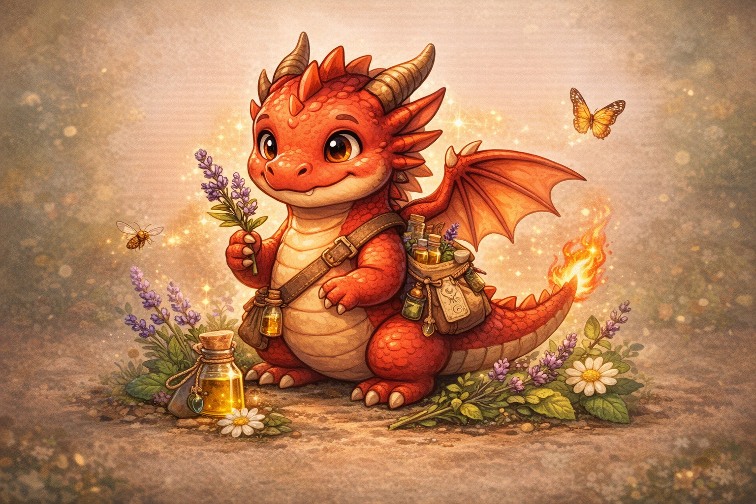 A cute cartoon red dragon holding a bouquet of lavender flowers, surrounded by butterflies and bees, with a bag of magical elixirs and a jar of golden potion, sitting among flowers and daisies, with a small flame on its tail.
