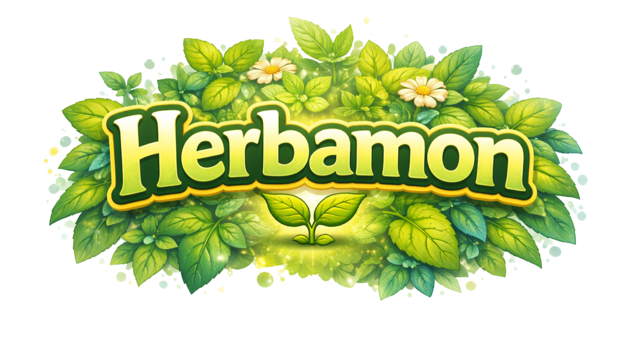 Herbamon logo surrounded by green leaves and white flowers with glowing effects.