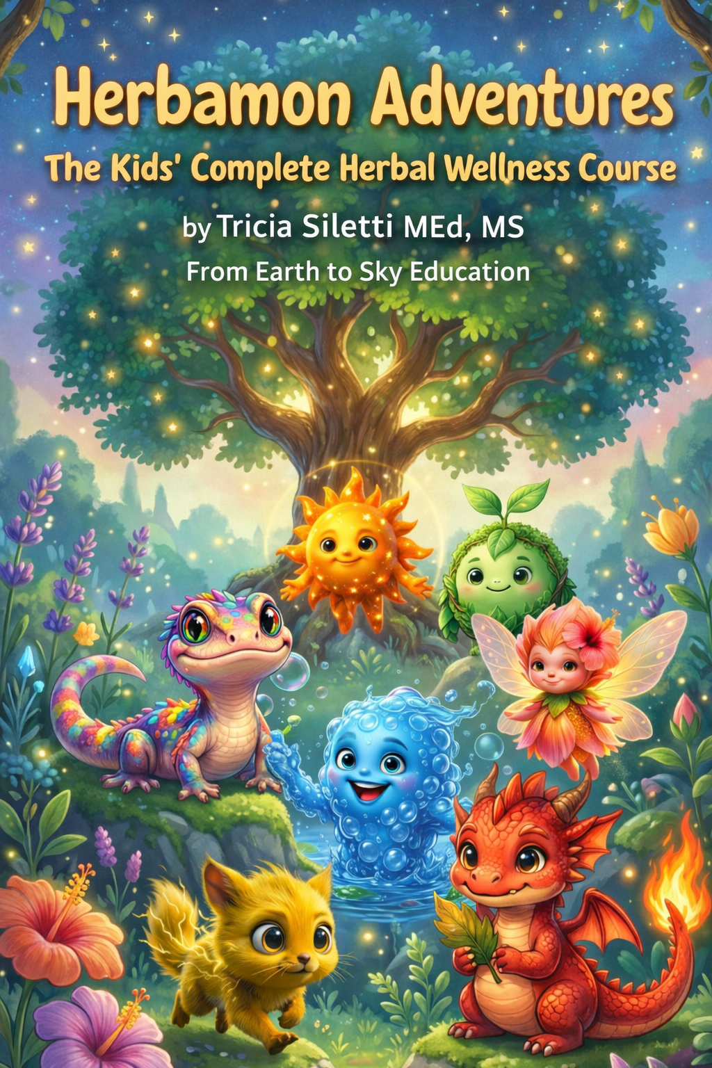 Colorful animated book cover titled 'Herbamon Adventures: The Kids' Complete Herbal Wellness Course' by Tricia Siletti MEd, MS, from Earth to Sky Education. Features a large tree with glowing lights, surrounded by animated fantasy characters including a dragon, a fairy, a lizard, a fox, and whimsical plant and water elements in a vibrant, magical landscape.