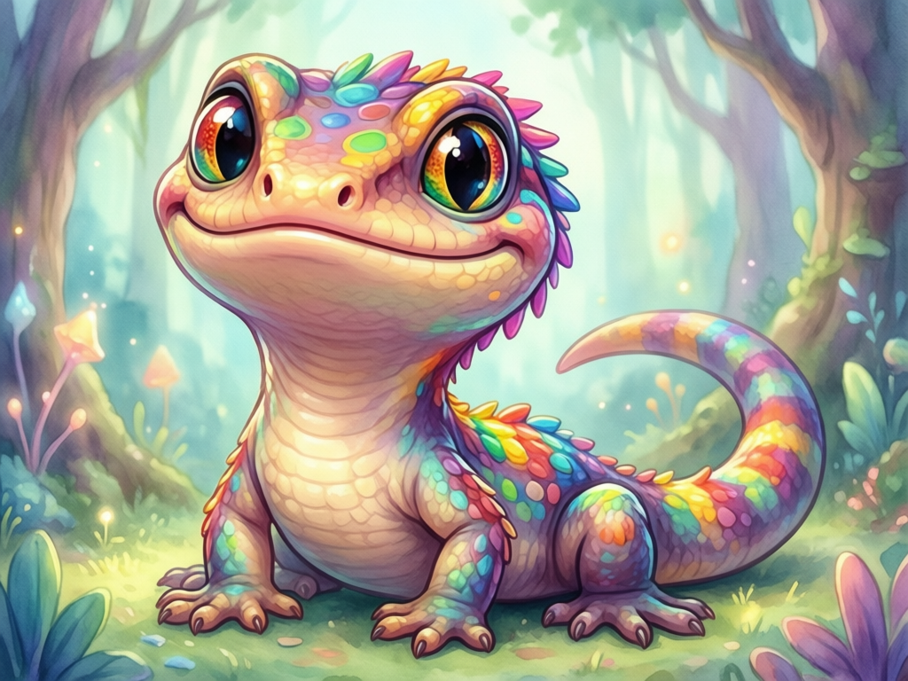 Colorful, cartoon-style lizard with big, expressive eyes sitting in a vibrant, fantasy forest.