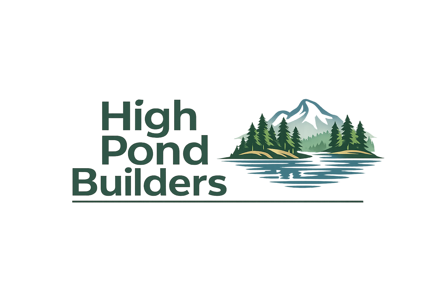 Logo for High Pond Builders with mountains, pine trees, and a pond in the background.