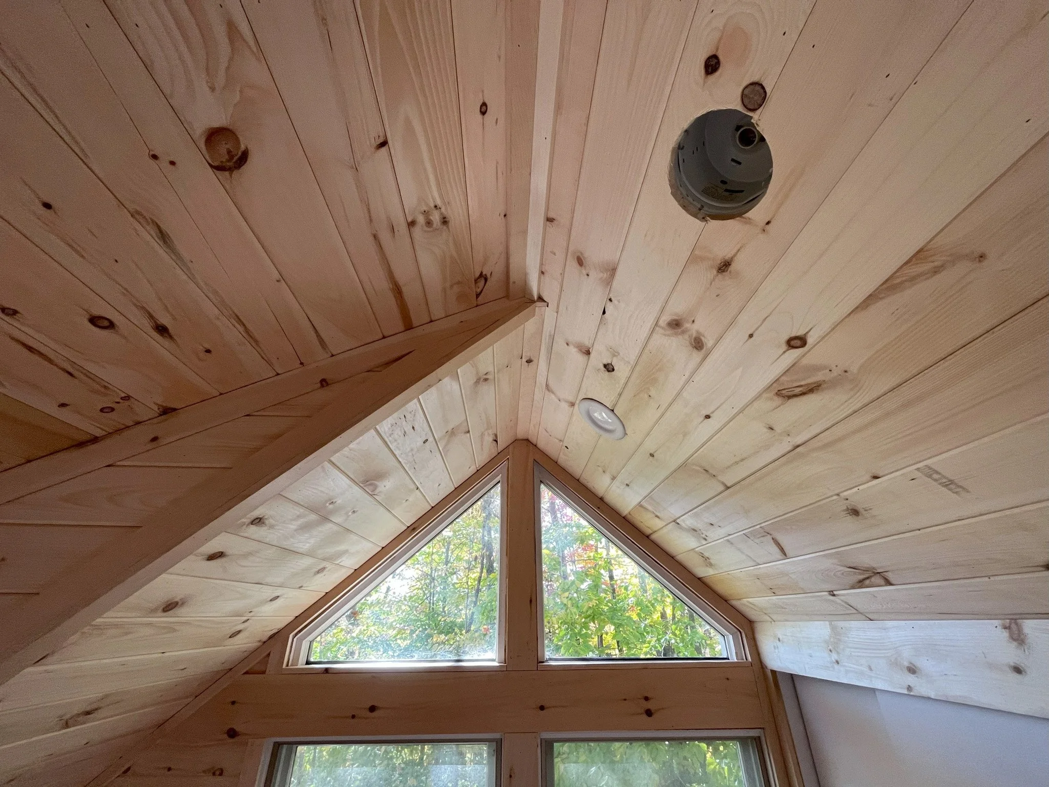 Wood-paneled ceiling with a triangular window showing greenery outside, a round smoke detector, a recessed light, and a ceiling-mounted projector.
