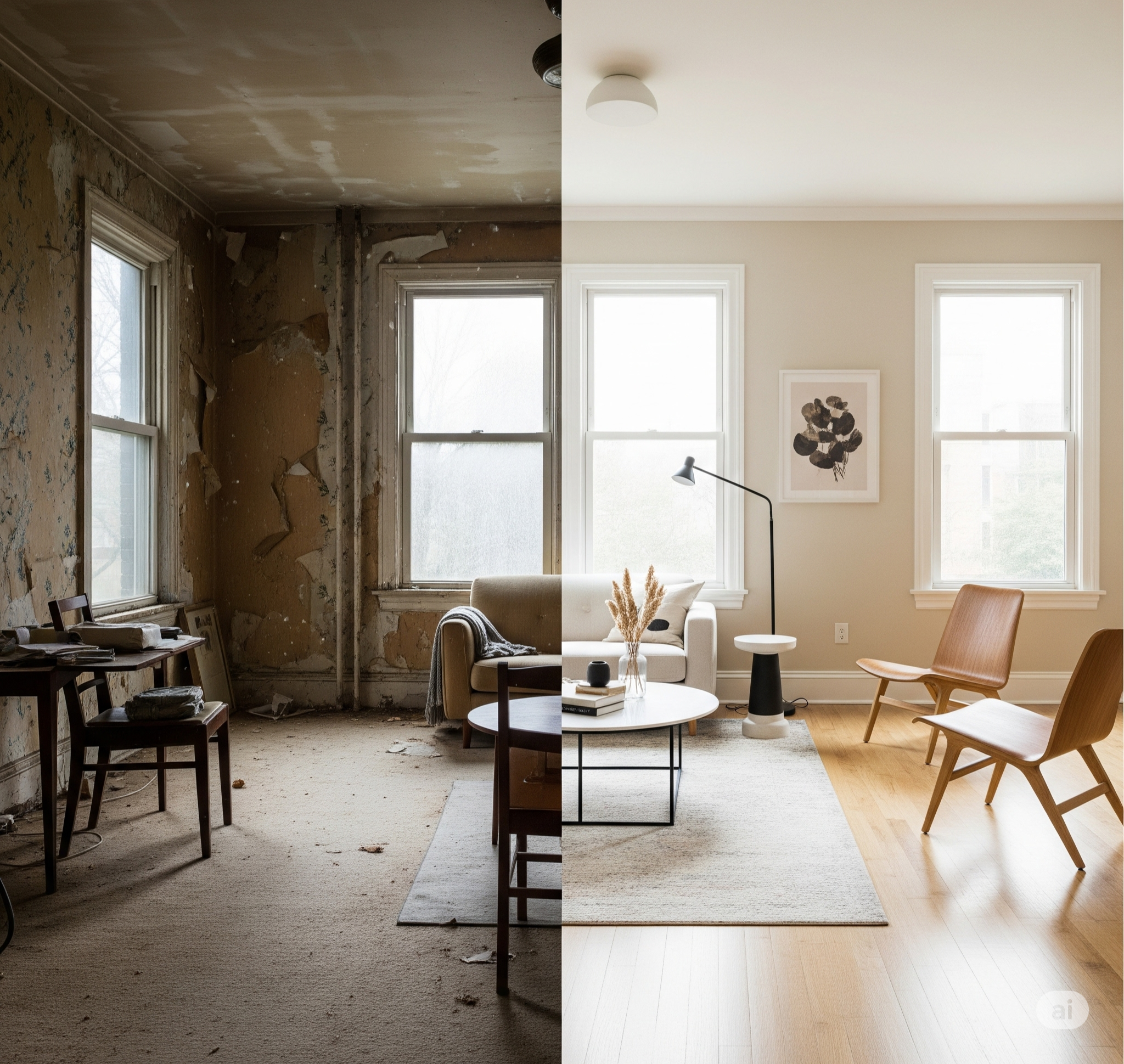 Comparison of two living room interiors showing a renovation process: left side with a dilapidated, unfinished room with peeling wallpaper and clutter, right side with a fully renovated, modern, well-lit living room with minimalist furniture and decorations.