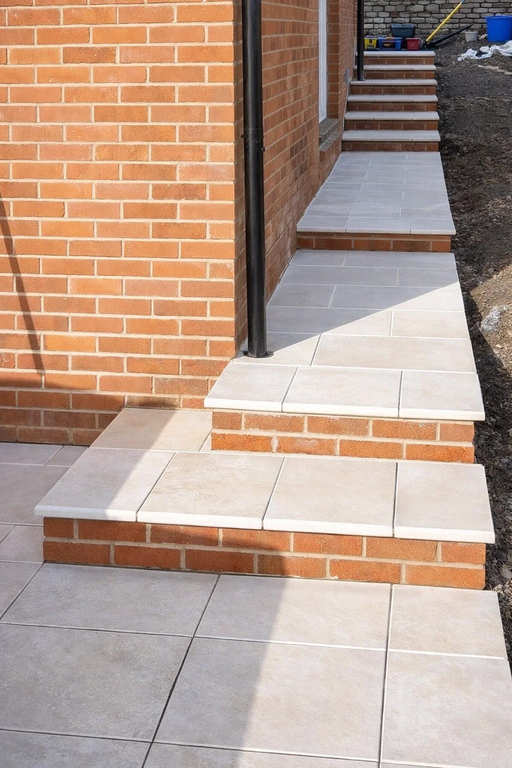Exterior view of a brick building with a paved walkway and tiled steps leading to a door. The area around the steps is under construction with tools and supplies visible.