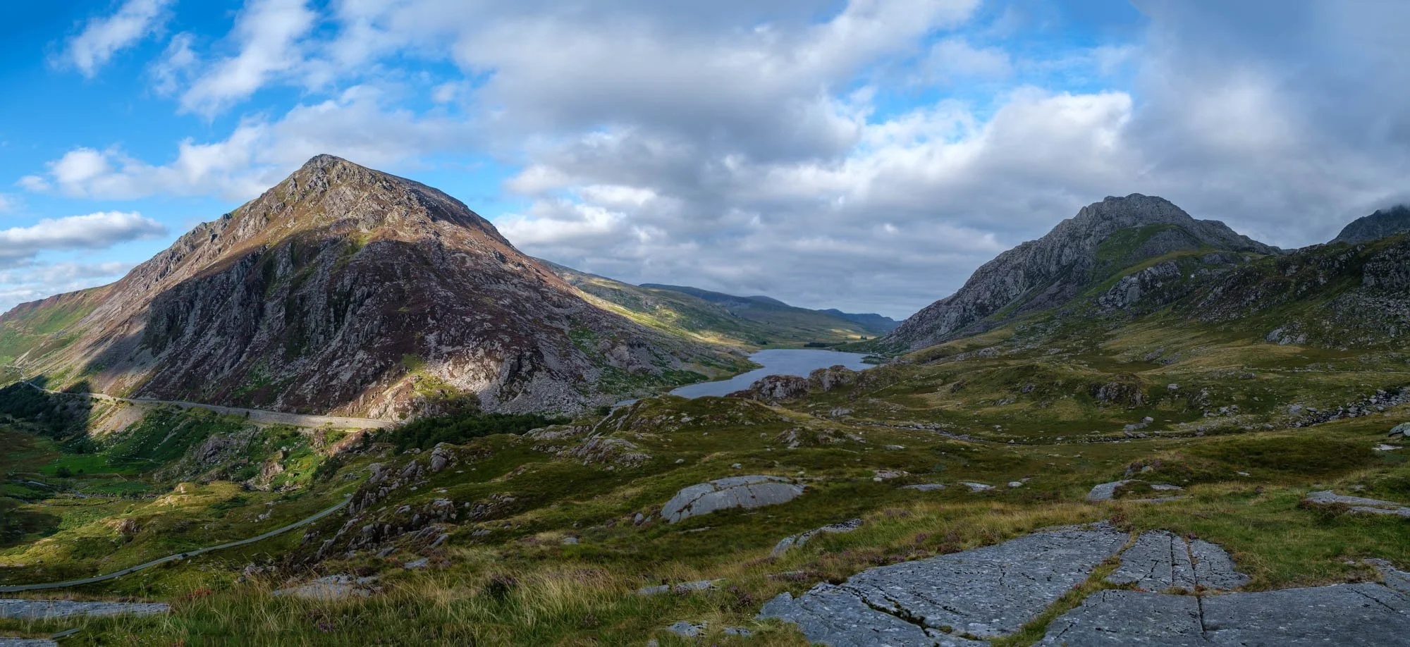 A panoramic view of Tryfan and Pen yr Ole Wen in Eryri / Snowdonia