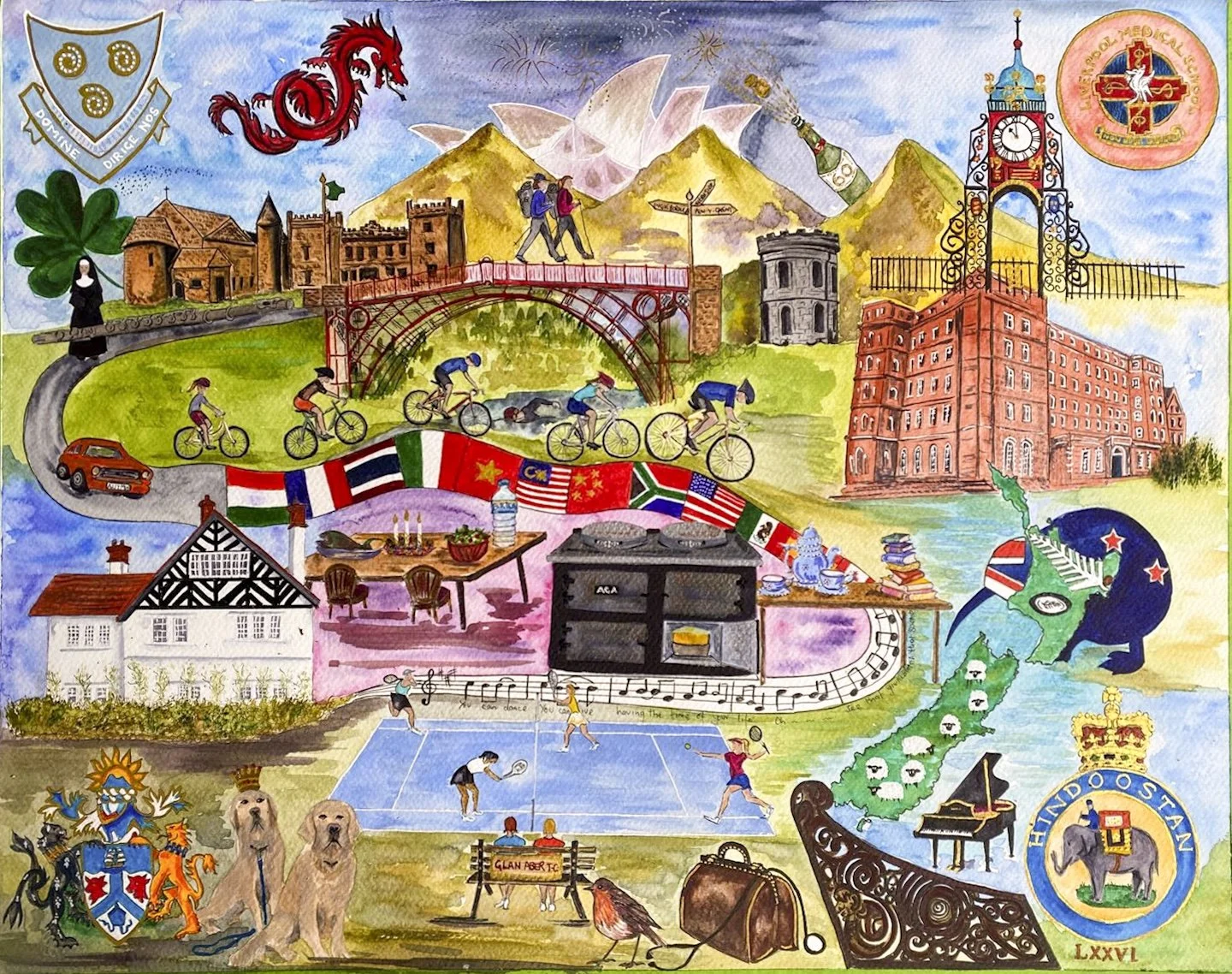 Personalised Life Story watercolour celebrating retirement with family, travel and favourite places.