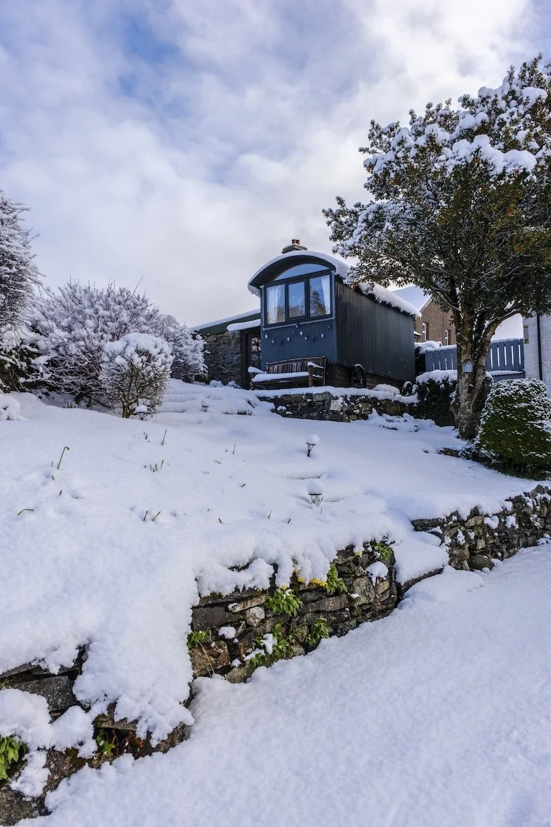 Fresh snow surrounding Glyn Shepherd’s Hut near Capel Curig in Snowdonia.