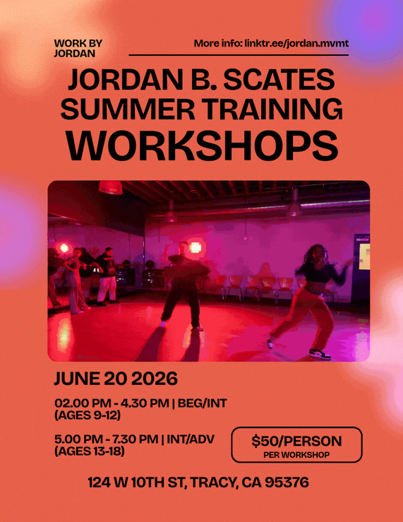 Flyer advertising Jordan B. Scates Summer Training Workshops, featuring a dark room with dance or fitness activities under colorful lights. Event details including date, location, and pricing are listed.