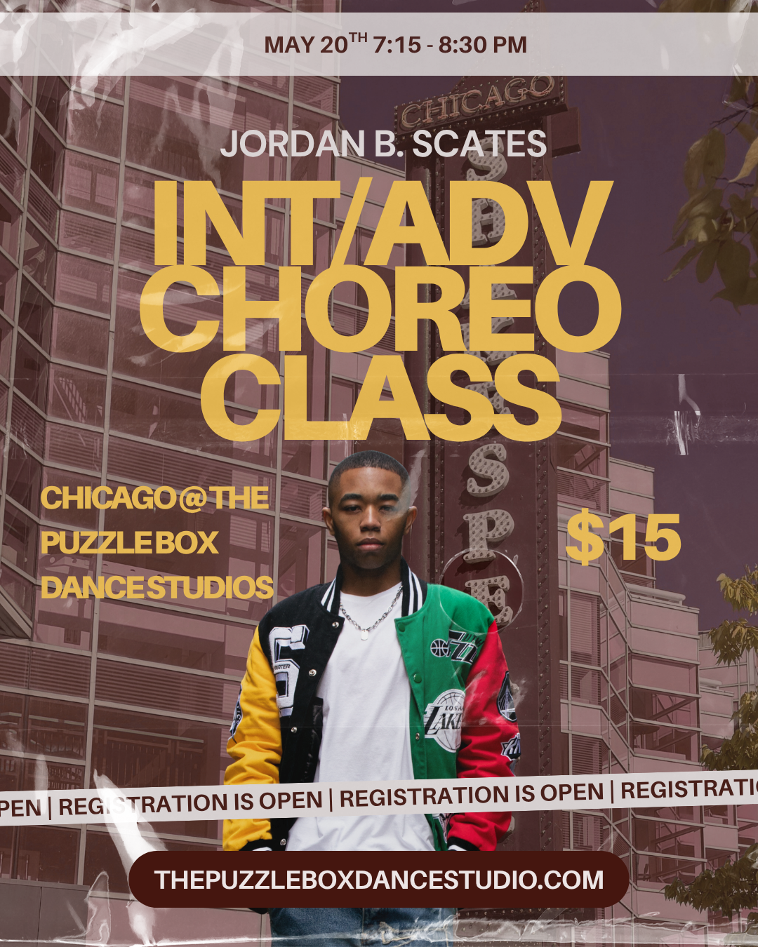 Flyer for an intro to dance choreo class featuring a young man wearing a varsity jacket standing in front of a city building at night. The flyer displays the date, time, location, price, and website for registration.