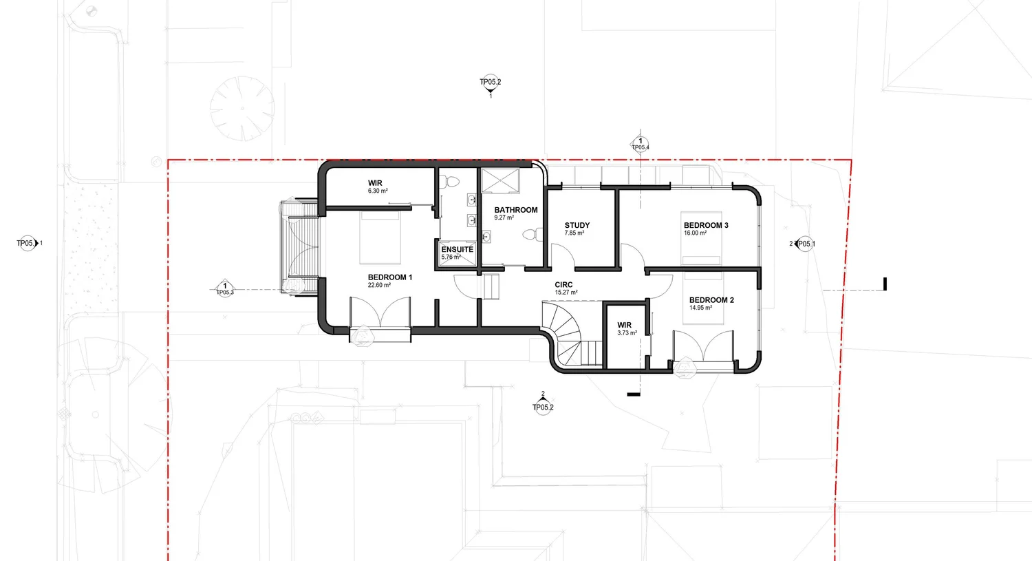Upper floor plan by Dadirri Architects showing room layout, setbacks, and window positions considered during planning assessment