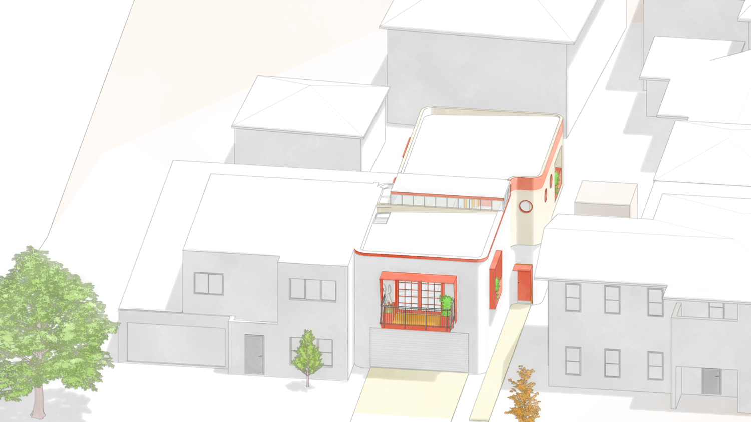 Aerial perspective render of a Dadirri Architects residential project showing the building in its neighbourhood context