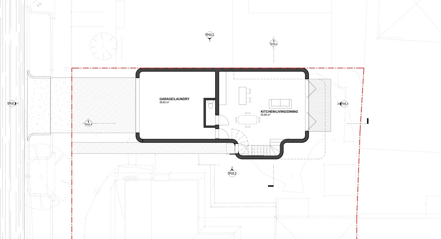 Ground floor plan by Dadirri Architects showing spatial layout and site planning for a residential planning permit application