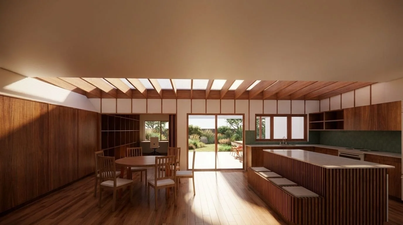 Malmsbury bathroom renovation by Dadirri Architects, showing natural stone, timber detailing, and carefully placed windows connecting the bathing space with the surrounding landscape