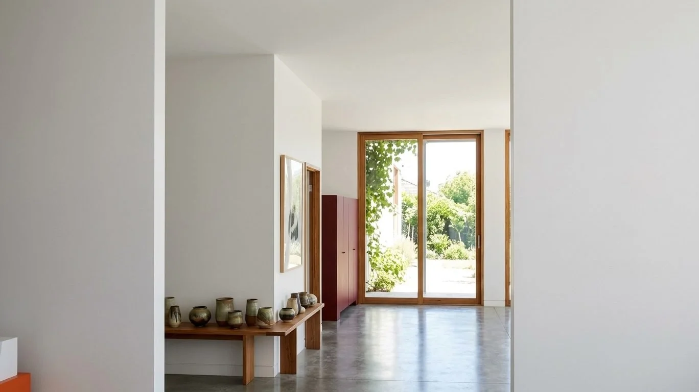 Render of the gallery hall looking through to the garden, with ceramics displayed on a timber bench and a polished concrete floor.