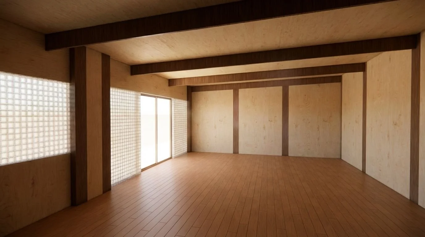 Render of the converted garage with plywood lined walls and ceiling, dark hardwood beams, glass block windows and a timber floor.