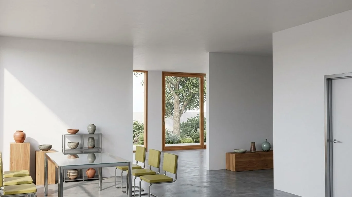 Render of the showroom with a dining table, ceramics on display and a timber framed window.