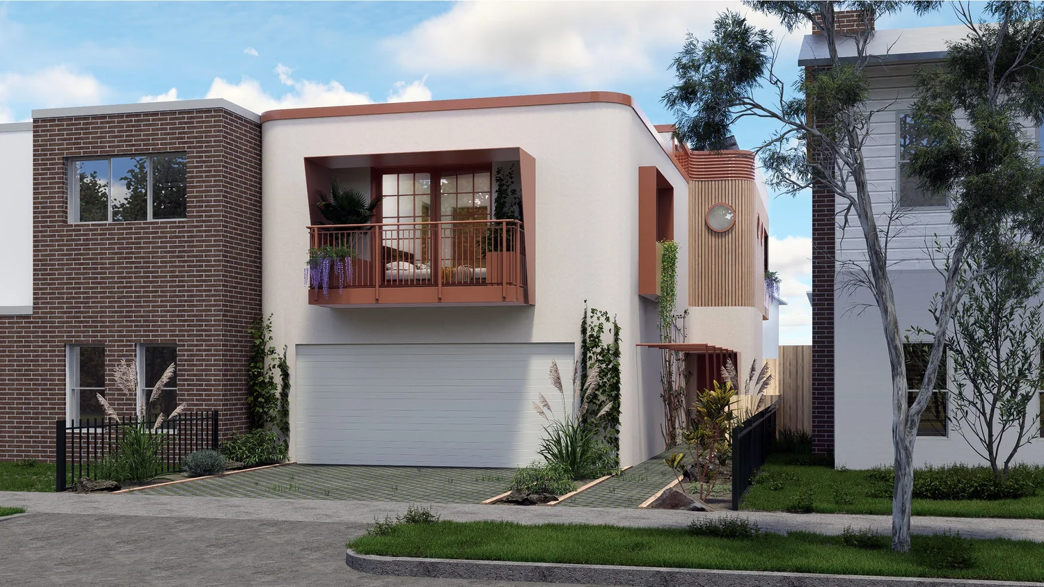 Hempcrete Townhouse street elevation showing hempcrete render facade with copper balcony, Parkville Melbourne