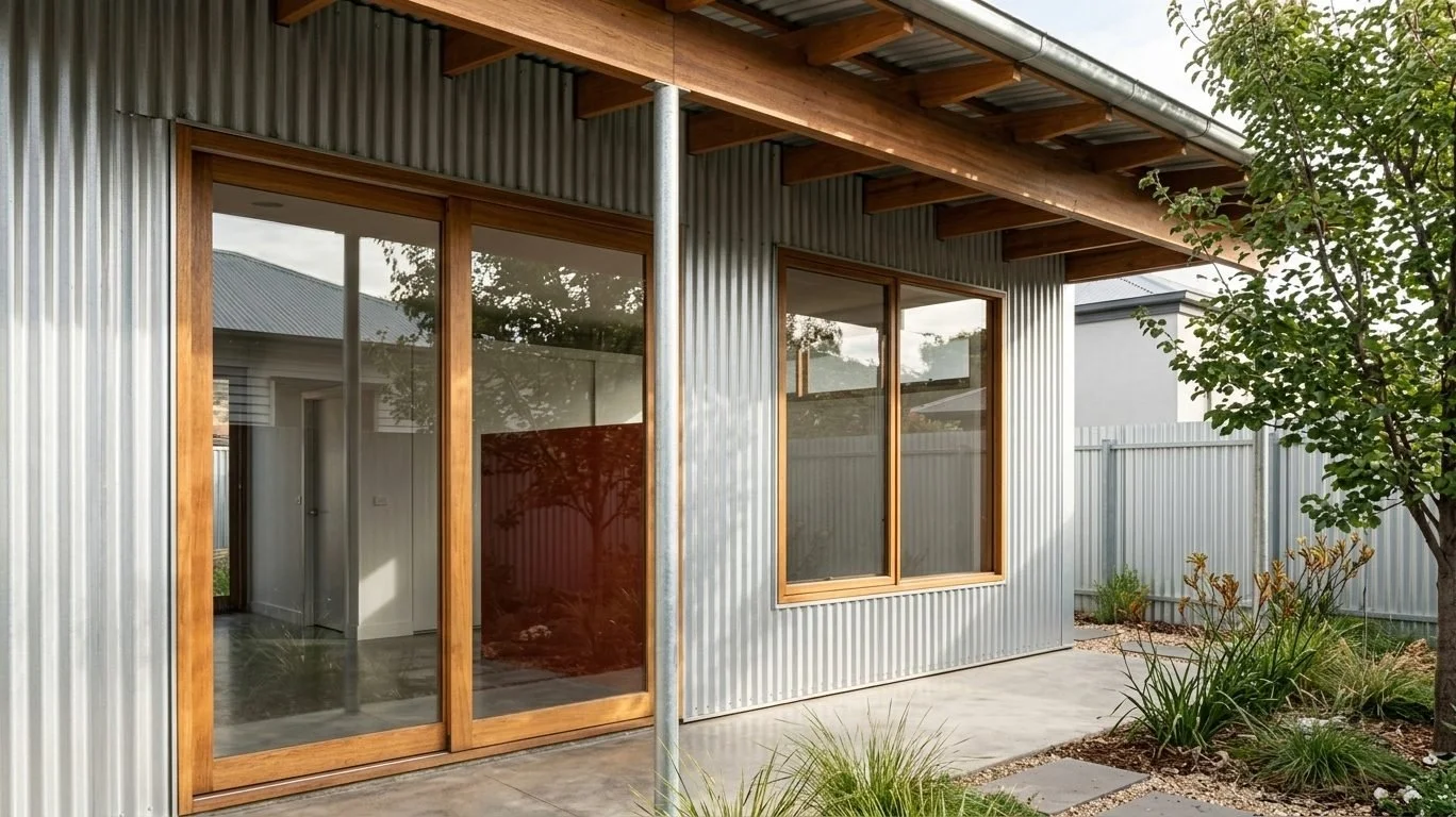 Render of the open sided verandah facing the garden, with corrugated steel walls, spotted gum framed glazing and exposed timber rafters.
