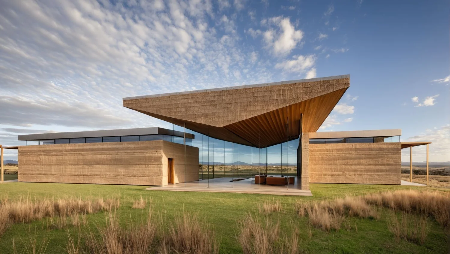 Concept render of a rammed earth home with cantilevered roof, full height glazing, and native grassland setting, demonstrating sustainable material specification