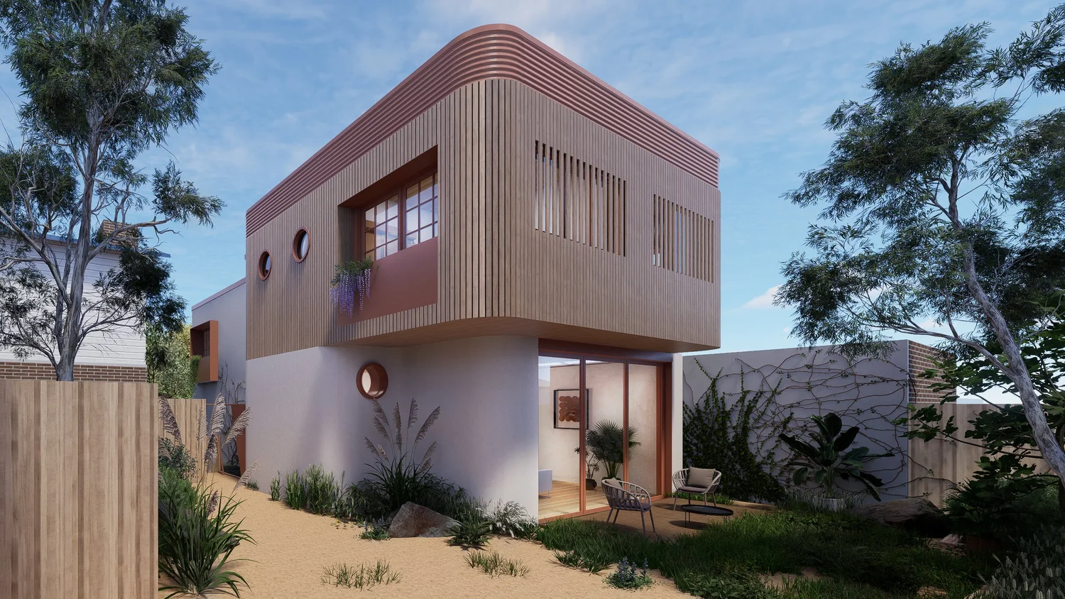 Rear garden elevation of Hempcrete Townhouse showing timber battens, porthole windows, and native landscaping, Parkville Melbourne