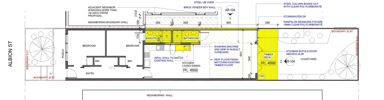 Proposed floor plan for the 209 Albion Street Brunswick house extension showing new kitchen living and dining areas connected to existing bedrooms