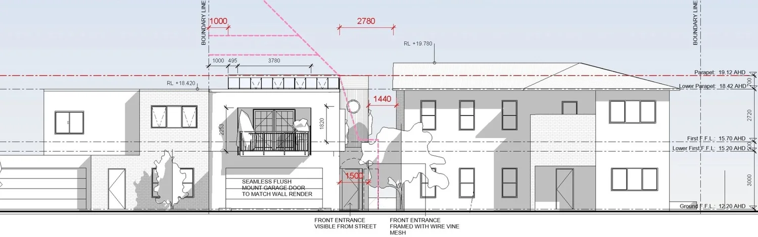 Street elevation render of a Dadirri Architects residential project showing facade design and streetscape integration