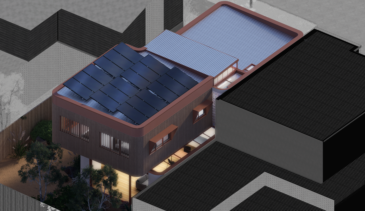 Aerial view of Hempcrete Townhouse showing rooftop solar panels and sustainable design, Parkville Melbourne