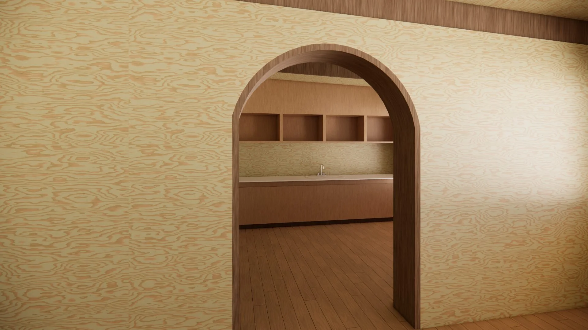 aRender of the plywood lined studio with an arched hardwood opening through to the kitchenette.