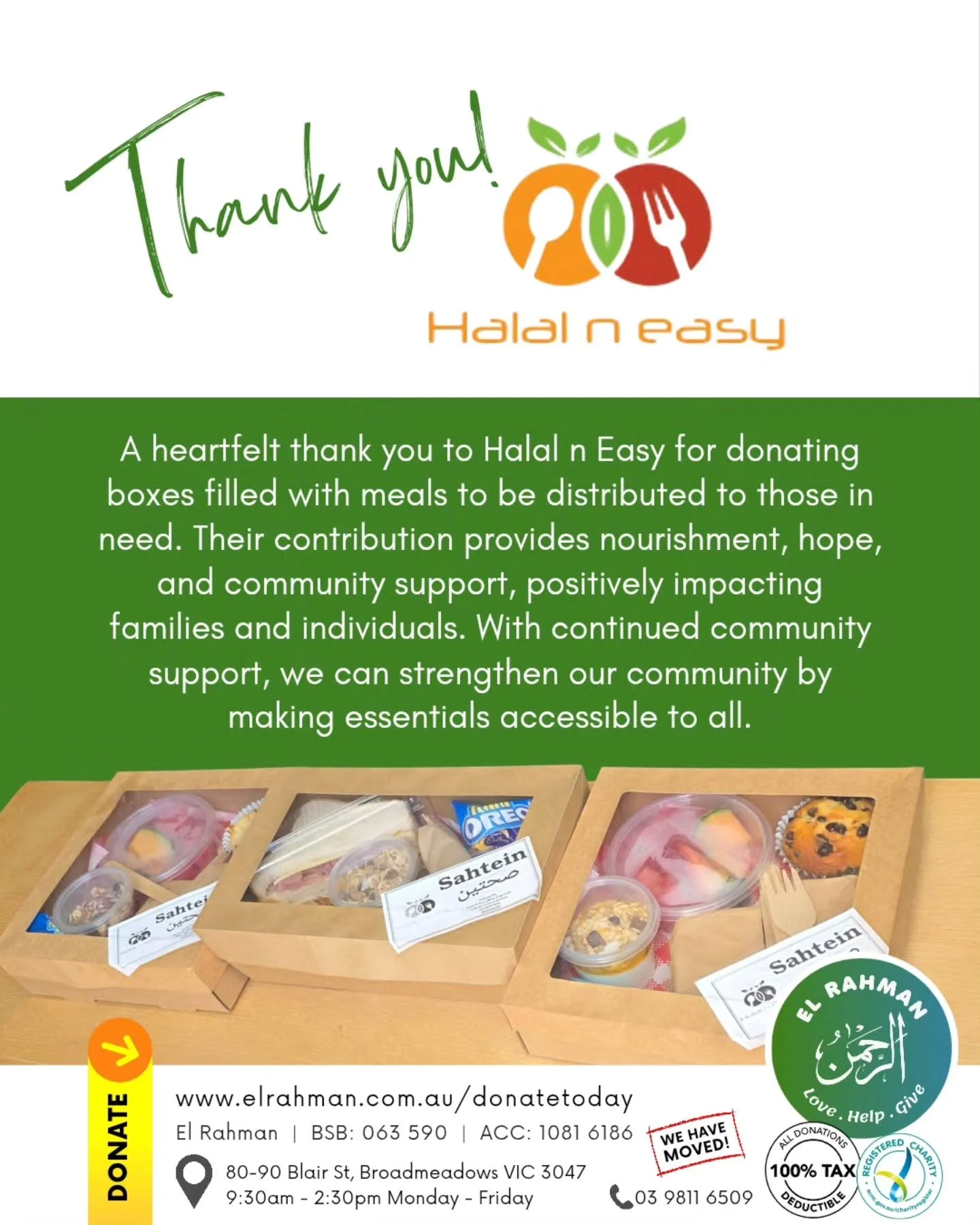 A heartfelt thank you to Halal n Easy for donating boxes filled with meals to be distributed to those in need. 
Their contribution provides nourishment, hope, and community support, positively impacting families and individuals. 
With continued commu