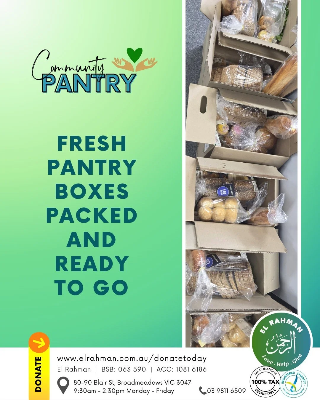 𝙃𝙊𝙒 𝙏𝙊 𝘾𝙊𝙉𝙏𝙍𝙄𝘽𝙐𝙏𝙀:
💚 𝗚𝗲𝘁 𝗶𝗻𝘃𝗼𝗹𝘃𝗲𝗱 &amp; 𝘃𝗼𝗹𝘂𝗻𝘁𝗲𝗲𝗿: https://forms.office.com/r/29RmfhXQEB
💚 𝗠𝗼𝗻𝗲𝘁𝗮𝗿𝘆 𝗱𝗼𝗻𝗮𝘁𝗶𝗼𝗻𝘀: Cash can be donated on site or at our events
💚 𝗢𝗻𝗹𝗶𝗻𝗲: www.elrahman.com.au/don
