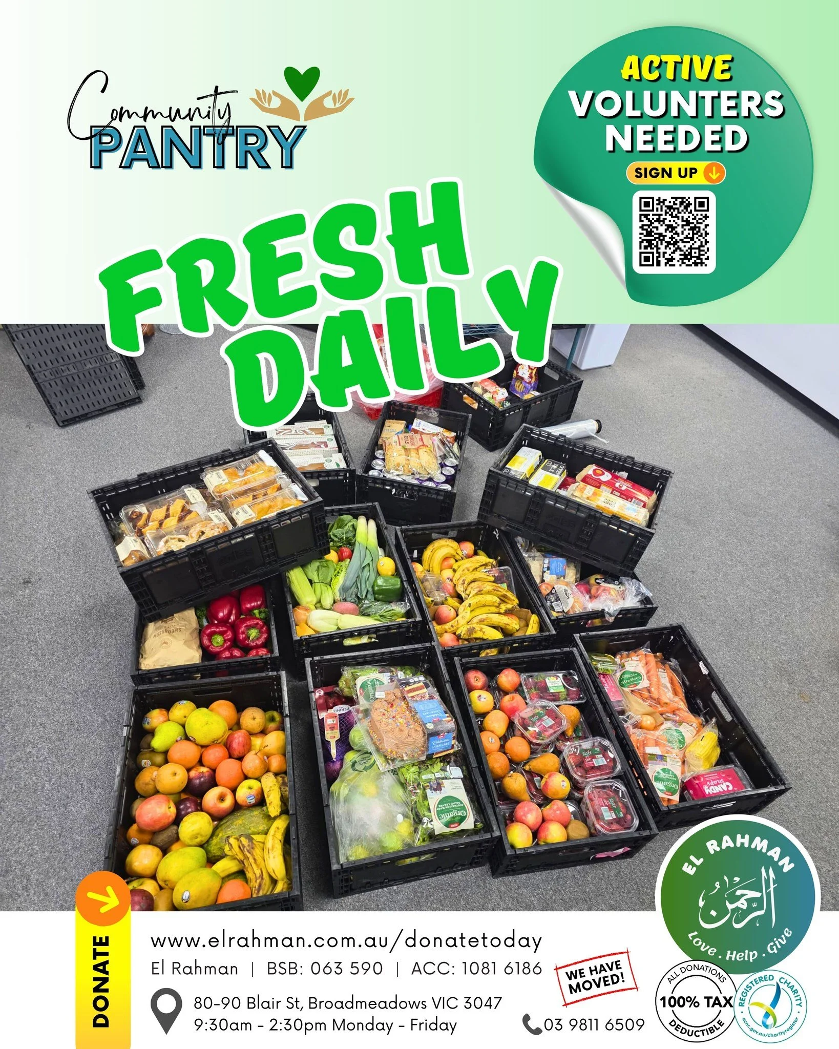 Our sponsors are generous enough to donate fresh fruit, vegetables, bread and other pastries to us daily so we can assist as many people as possible! 

With growing demand, there's more work to be done! 
We need more active volunteers who are able to