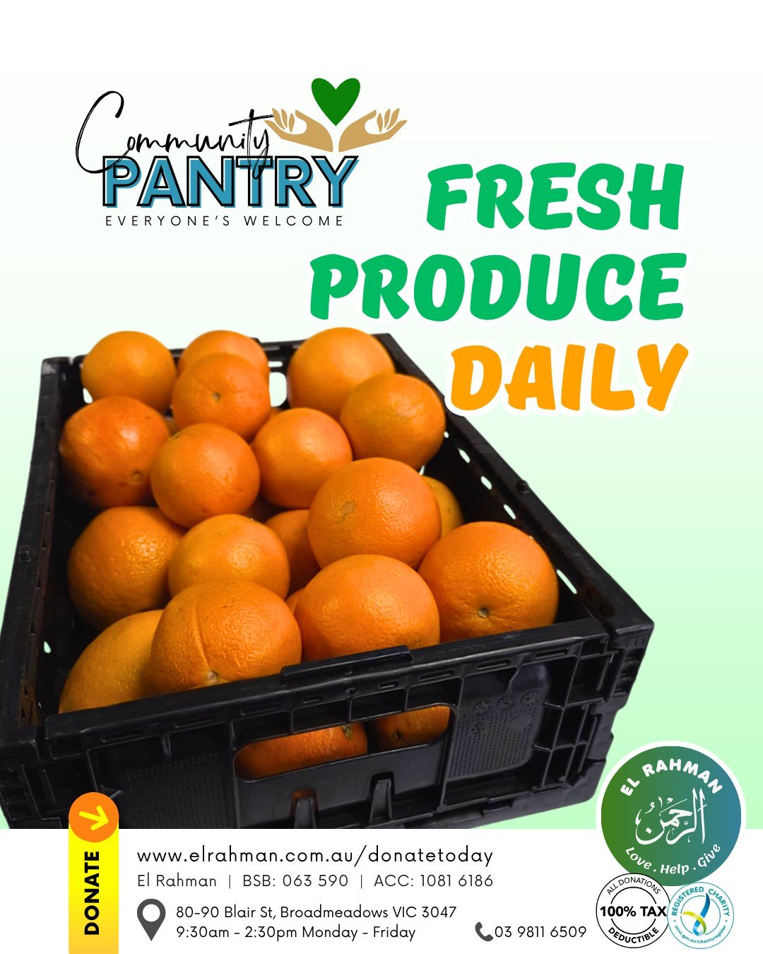 Fresh produce daily, supplied by our generous sponsors! 💚

Although we do get fresh stock multiple times a week, we do need more donations of long-life foods such as lentils, pasta, canned tomatoes, cereals, long-life milk and all the other grocerie
