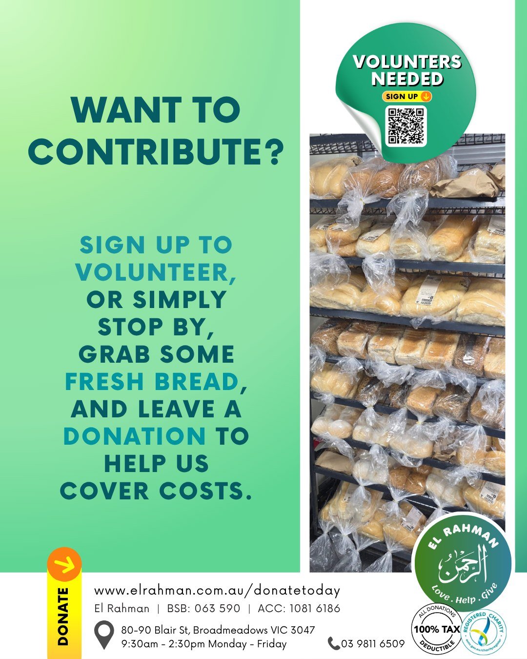 Want to contribute?
Sign up to volunteer, or simply stop by, grab some fresh bread, and leave a donation to help us cover costs.

𝙃𝙊𝙒 𝙏𝙊 𝘾𝙊𝙉𝙏𝙍𝙄𝘽𝙐𝙏𝙀:
💚 𝗚𝗲𝘁 𝗶𝗻𝘃𝗼𝗹𝘃𝗲𝗱 &amp; 𝘃𝗼𝗹𝘂𝗻𝘁𝗲𝗲𝗿: https://forms.office.com/r/29Rmfh