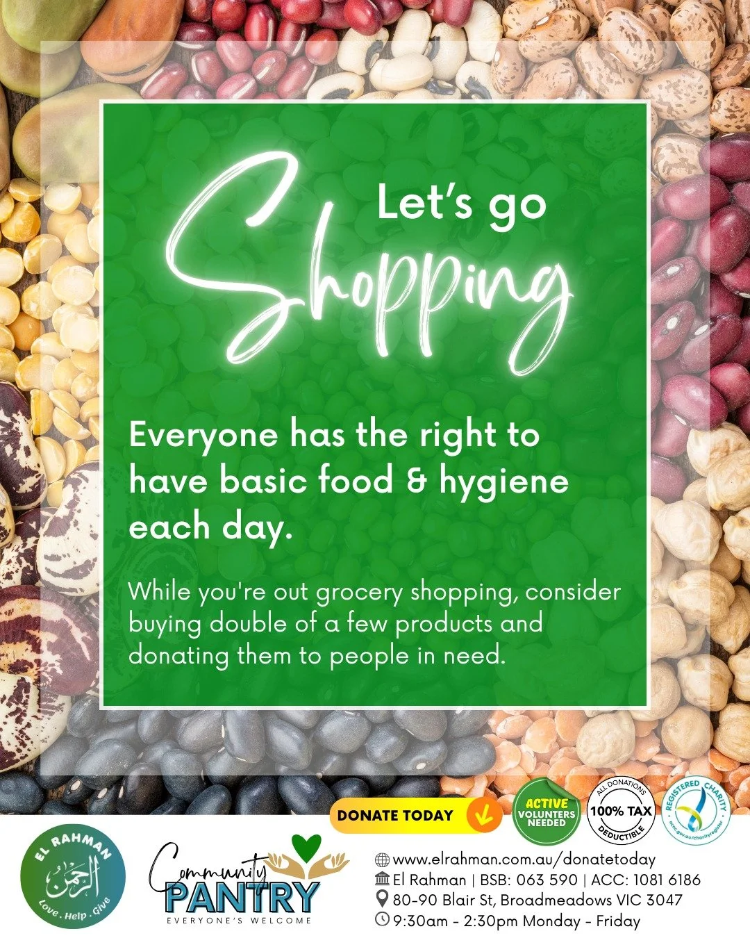 We can't keep up!
Since moving to our new location we now have three times more low-income families needing assistance with groceries. 
We need more support to keep up with demand.
Can you help?

𝙃𝙊𝙒 𝙏𝙊 𝘾𝙊𝙉𝙏𝙍𝙄𝘽𝙐𝙏𝙀:
💚 𝗚𝗲𝘁 𝗶𝗻𝘃𝗼𝗹
