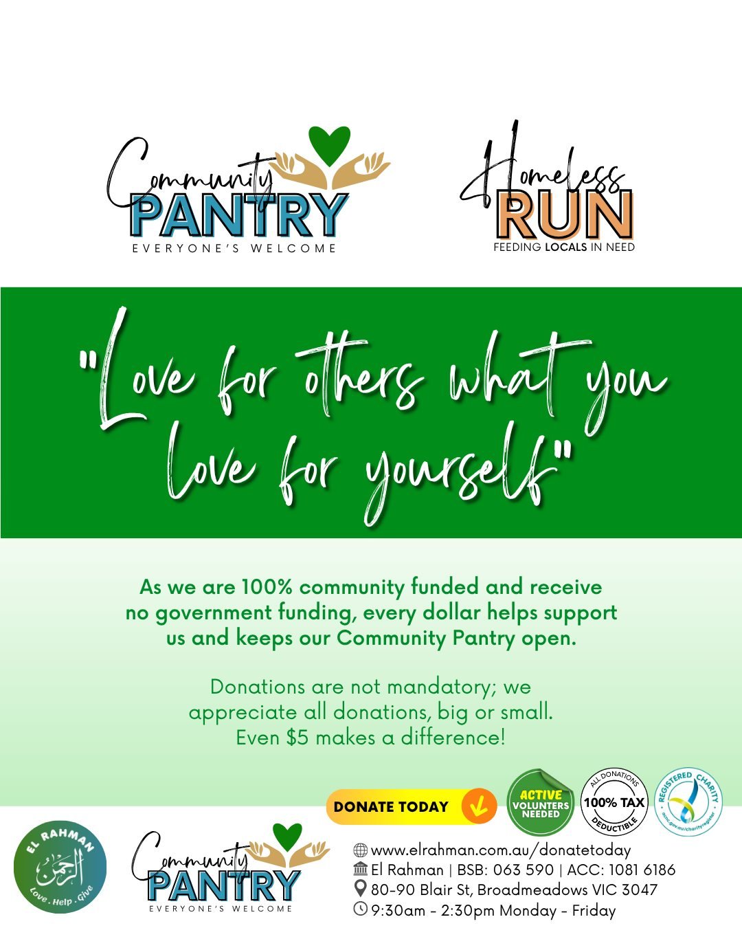 We can't keep up!
Since moving to our new location we now have three times more low-income families needing assistance with groceries. 
We need more support to keep up with demand.
Can you help?

𝙃𝙊𝙒 𝙏𝙊 𝘾𝙊𝙉𝙏𝙍𝙄𝘽𝙐𝙏𝙀:
💚 𝗚𝗲𝘁 𝗶𝗻𝘃𝗼𝗹